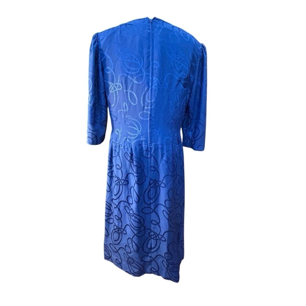 1980s Pauline Trigère Cobalt Silk Jacquard Dress 44” Bust Power Shoulders USA - Picture 3 of 10